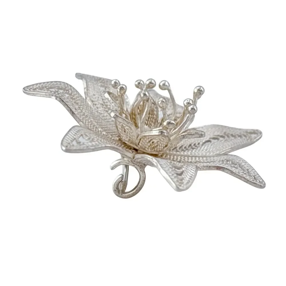 Vintage Sterling Silver 925 Filigree Flower Brooch